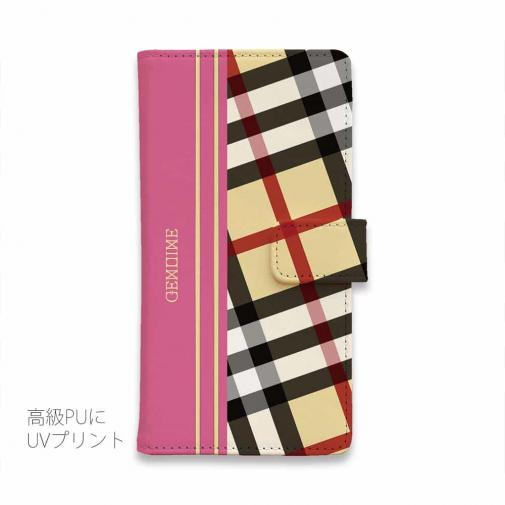 【Genuine】【手帳型】チェック柄　ベージュ＆ピンク