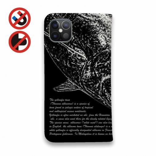 【手帳型ベルトなし】【Stick Case】墨絵風 キハダマグロ 黒