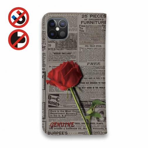 【Genuine】【手帳型ベルトなし】【Stick Case】薔薇 　英字　新聞