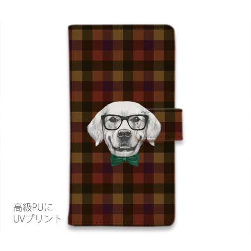 【手帳型】かわいいレトリバー　チェック柄