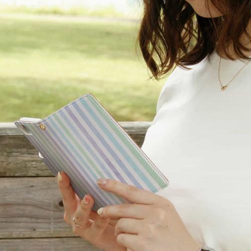 【手帳型】ストライプ　ブルー