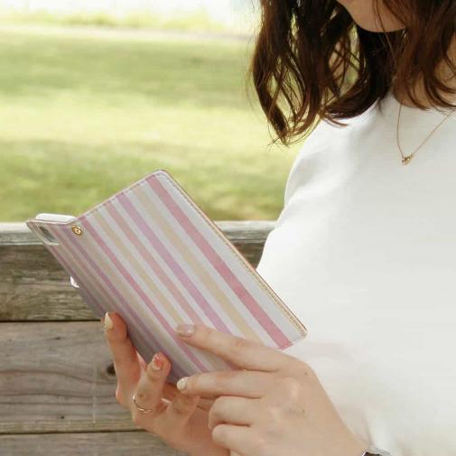 【手帳型】ストライプ　ピンク