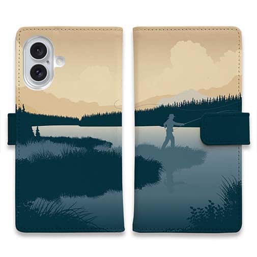 【手帳型】川岸のフライフィッシャー　ブルー