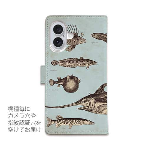 【手帳型】ビンテージな魚図鑑　ブルー
