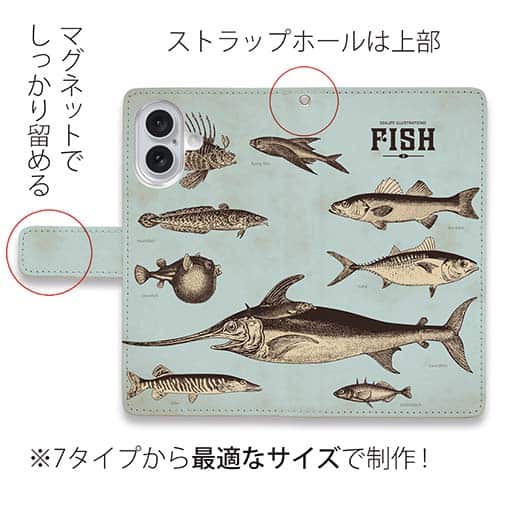 【手帳型】ビンテージな魚図鑑　ブルー