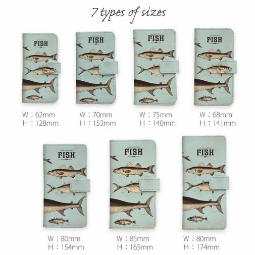 【手帳型】ビンテージな魚図鑑　ブルー
