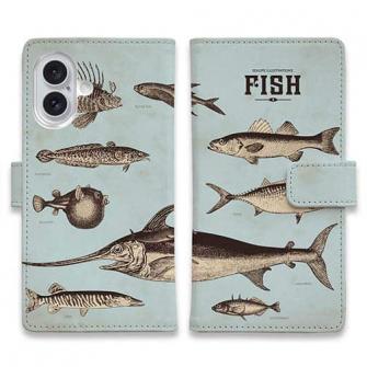 【手帳型】ビンテージな魚図鑑　ブルー