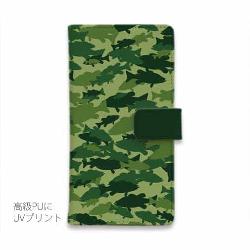 【手帳型】ブラックバス　迷彩大柄　フォレストグリーン
