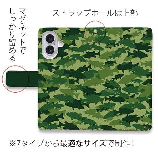 【手帳型】ブラックバス　迷彩大柄　フォレストグリーン