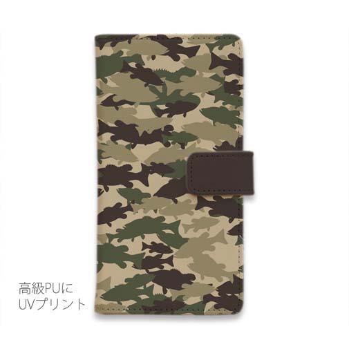 【手帳型】ブラックバス　迷彩大柄　ブラウンカラー