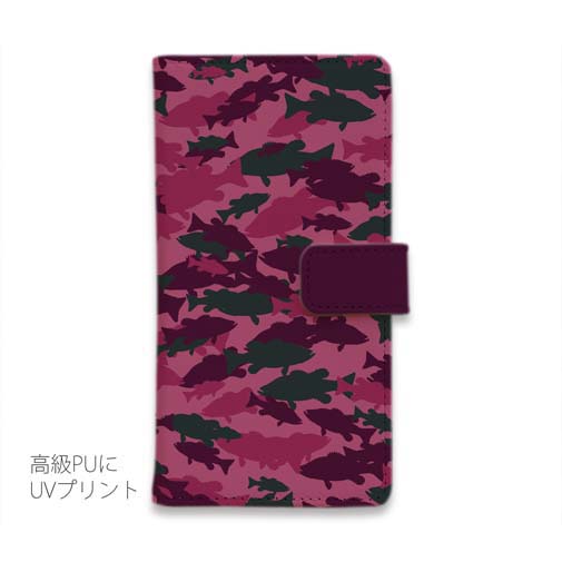 【手帳型】ブラックバス　迷彩大柄　レッドカラー