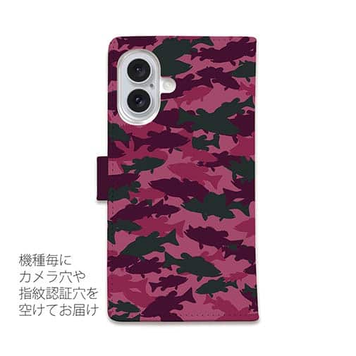 【手帳型】ブラックバス　迷彩大柄　レッドカラー