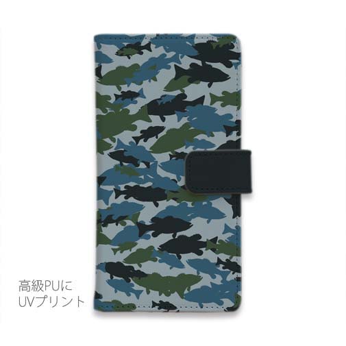 【手帳型】ブラックバス　迷彩大柄　ブルー