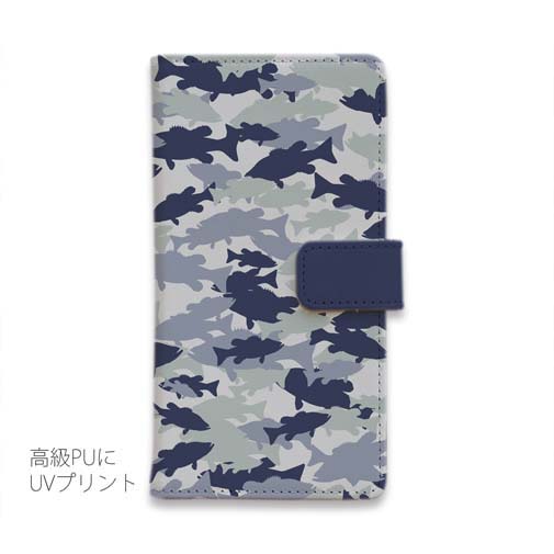 【手帳型】ブラックバス　迷彩大柄　ライトブルー
