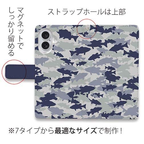 【手帳型】ブラックバス　迷彩大柄　ライトブルー