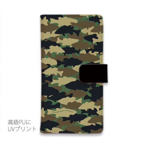 【手帳型】HEDGEHOG STUDIO　迷彩柄　ブラックバス　ウッドランド