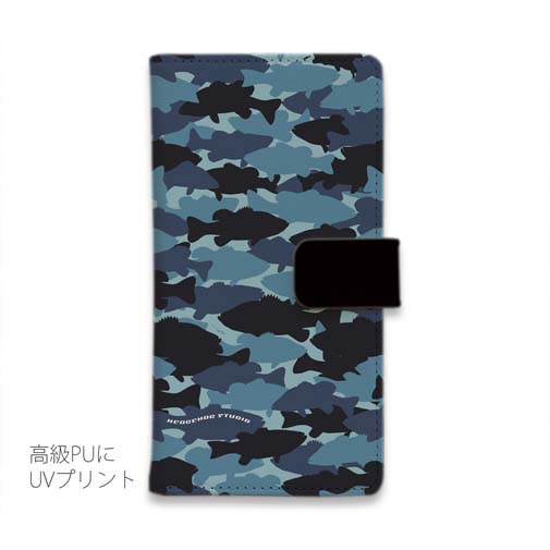 【手帳型】HEDGEHOG STUDIO　迷彩柄　ブラックバス　ナチュラルプロブルー
