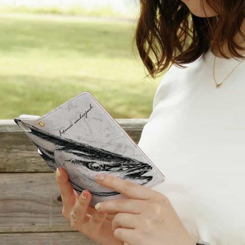 【手帳型】鰤(ブリ)　墨絵風　白