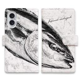 【手帳型】鰤(ブリ)　墨絵風　白