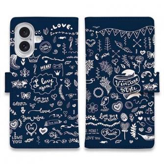 【手帳型】ビンテージなイラスト　ブルー