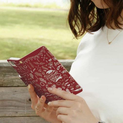 【手帳型】ビンテージなイラスト　レッド