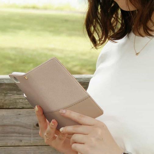 【手帳型】レザー風リボン&ショルダーストラップ　ベージュ