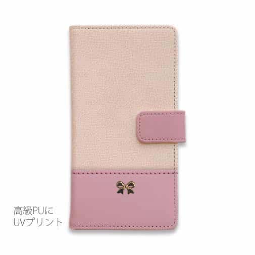 【手帳型】レザー風リボン&ショルダーストラップ　ライトピンク