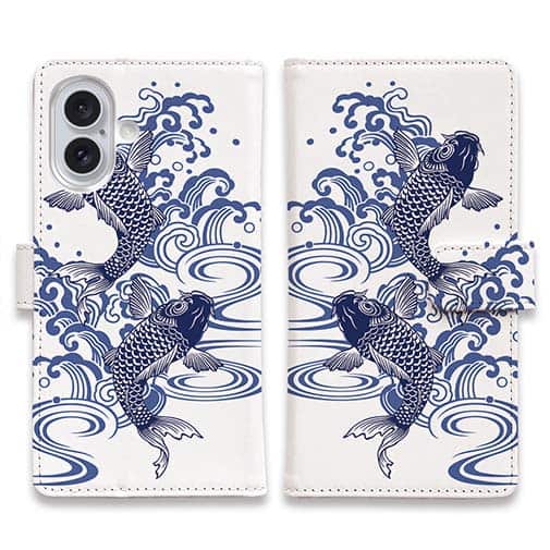 【手帳型】タトゥー風昇り鯉 ブルー&ホワイト