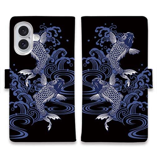 【手帳型】タトゥー風昇り鯉 ブルー&ブラック