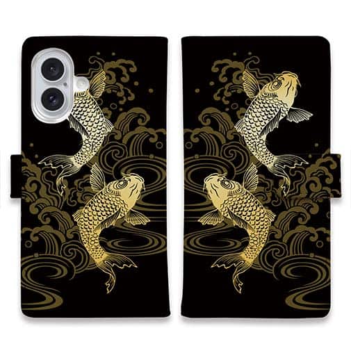【手帳型】タトゥー風昇り鯉 ゴールド&ブラック