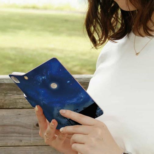 【手帳型】屋根の上のネコと満月