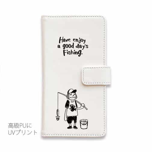 【手帳型】【釣りざんまい】 一日釣りを楽しむアングラー_ホワイト