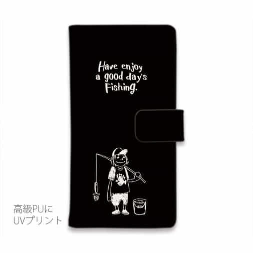 【手帳型】【釣りざんまい】 一日釣りを楽しむアングラー_ブラック