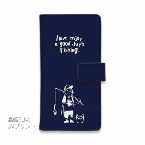 【手帳型】【釣りざんまい】 一日釣りを楽しむアングラー_ネイビー