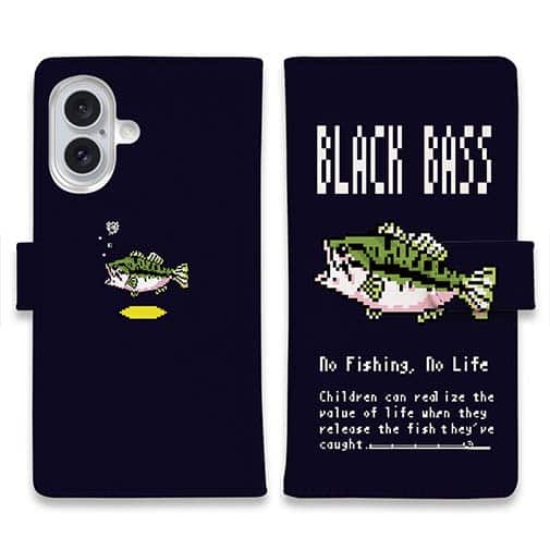 【手帳型】【釣りざんまい】ドット絵のブラックバス_カラフルダークネイビー