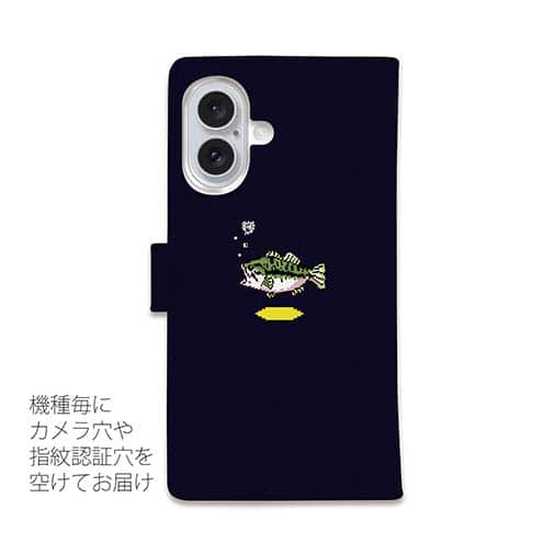 【手帳型】【釣りざんまい】ドット絵のブラックバス_カラフルダークネイビー