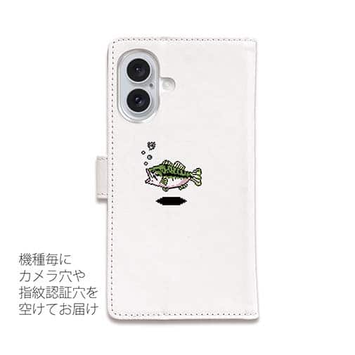 【手帳型】【釣りざんまい】ドット絵のブラックバス カラフルホワイト