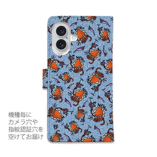 【手帳型】【釣りざんまい】エギに釣られるアオリイカ_カラフルデニム風