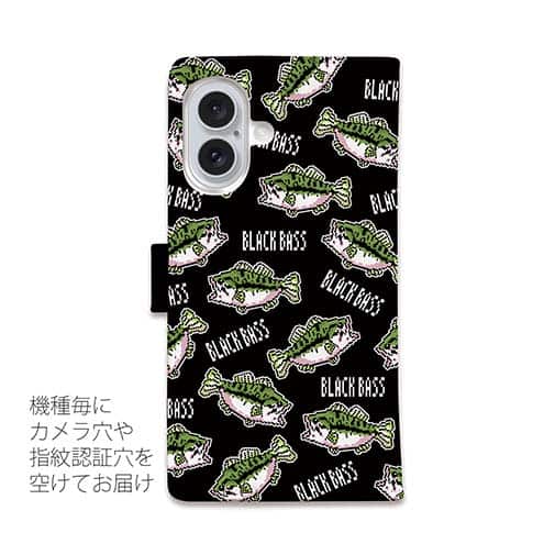 【手帳型】【釣りざんまい】ドット絵のブラックバスがいっぱい_カラフルブラック