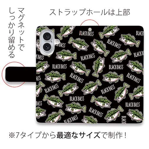 【手帳型】【釣りざんまい】ドット絵のブラックバスがいっぱい_カラフルブラック
