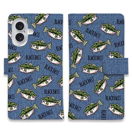 【手帳型】【釣りざんまい】ドット絵のブラックバスがいっぱい_カラフルデニム風