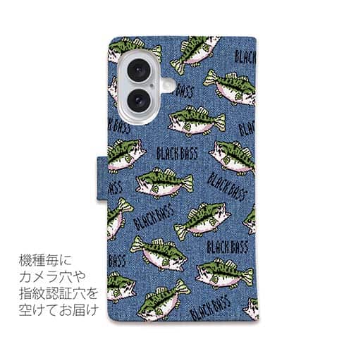 【手帳型】【釣りざんまい】ドット絵のブラックバスがいっぱい_カラフルデニム風