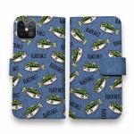 【手帳型】【釣りざんまい】ドット絵のブラックバスがいっぱい_カラフルデニム風