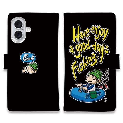 【手帳型】【釣りざんまい】ゴムボートアングラー_カラフルブラック