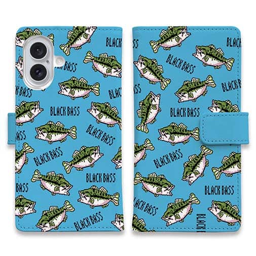 【手帳型】【釣りざんまい】ドット絵のブラックバスがいっぱい_カラフルスカイブルー