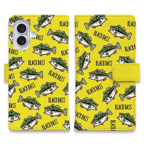 【手帳型】【釣りざんまい】ドット絵のブラックバスがいっぱい_カラフルイエロー