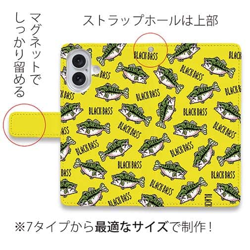【手帳型】【釣りざんまい】ドット絵のブラックバスがいっぱい_カラフルイエロー