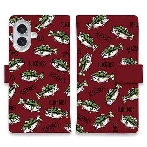 【手帳型】【釣りざんまい】ドット絵のブラックバスがいっぱい_カラフルレッド