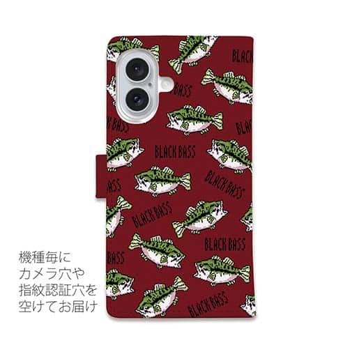 【手帳型】【釣りざんまい】ドット絵のブラックバスがいっぱい_カラフルレッド