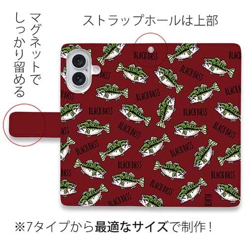 【手帳型】【釣りざんまい】ドット絵のブラックバスがいっぱい_カラフルレッド